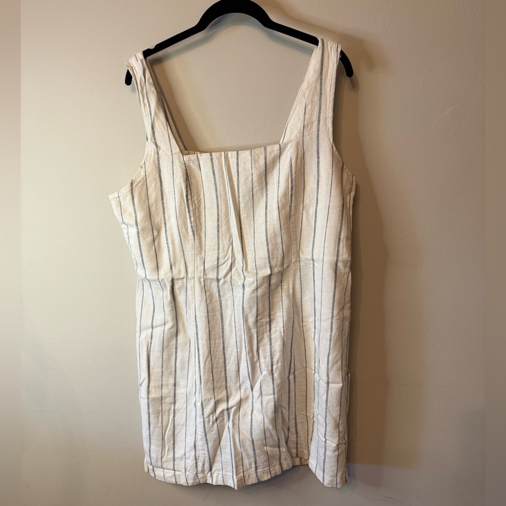 Striped Square Neck Linen Blend Dress in White and Blue